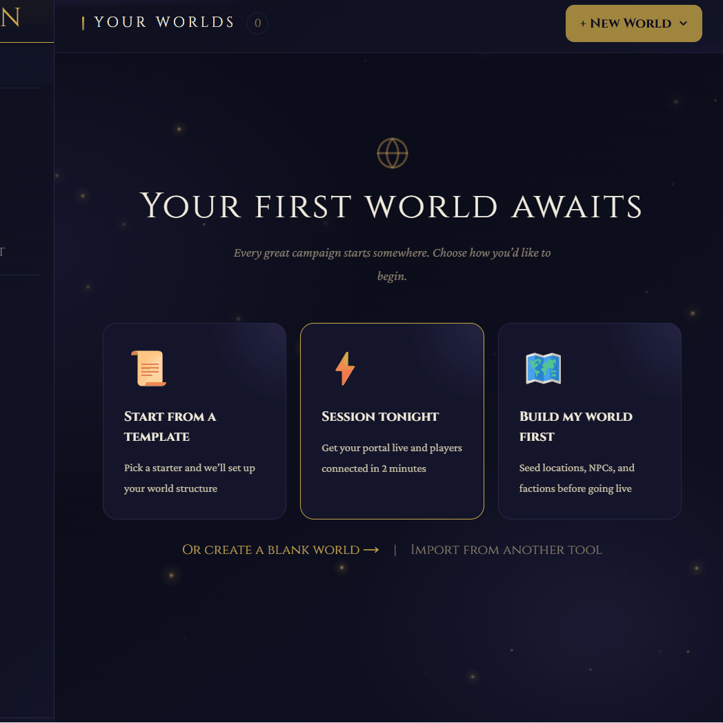 The New World modal with Quick Build, Template, and Import tabs.