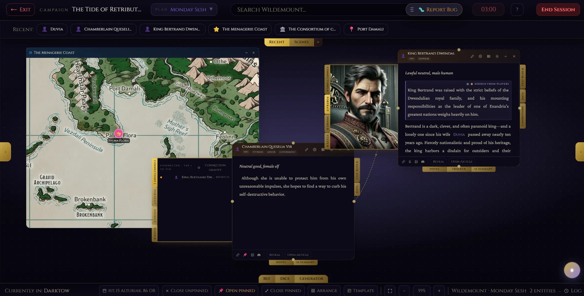 Skryrún GM Screen — interactive map, pinned entity cards, and session controls side by side