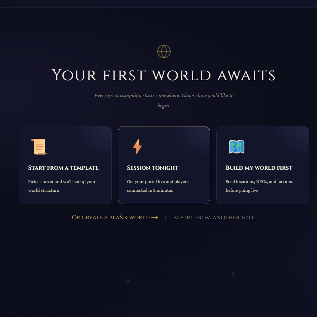 The world creation modal showing Quick Build, Template, and Import options.