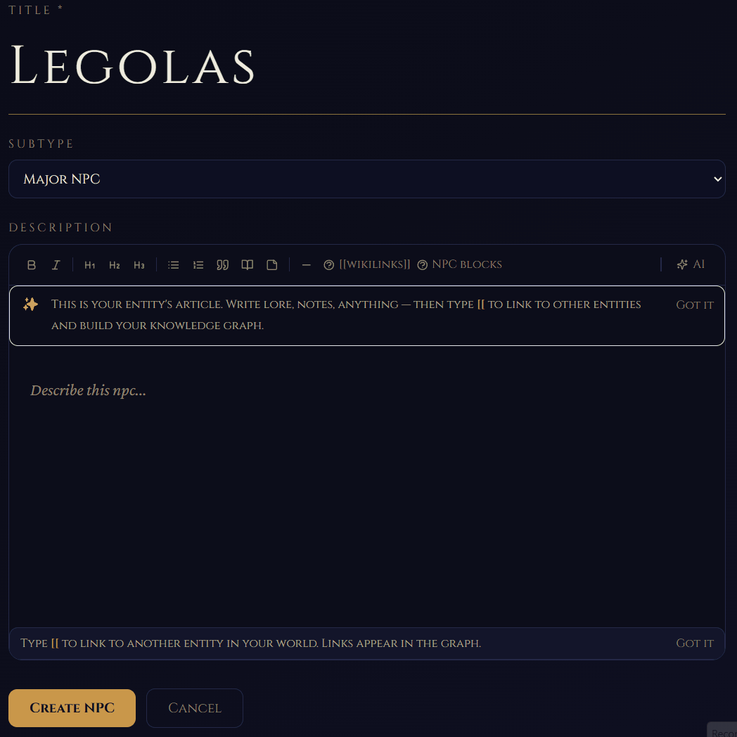 Typing [[ in the article editor triggers the entity search picker with live results.